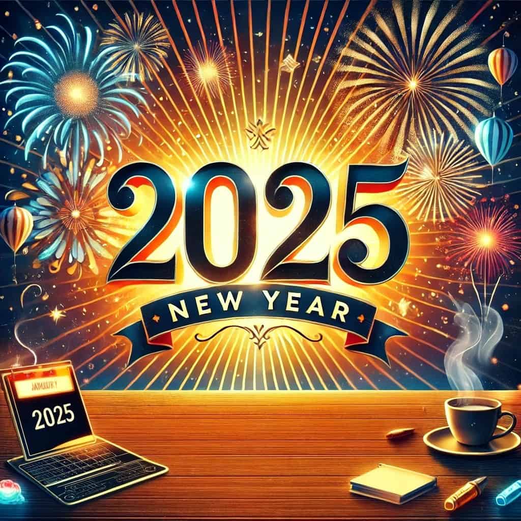 A vibrant and inspiring featured image for a New Year 2025 blog post. The image includes a large New Year 2025 display in bold modern typography surrounded by fireworks, as viewed from a deskpt with a computer tablet and a cup of coffee.